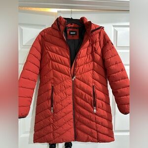 New DKNY Women's Red Puffer Hoodie Jacket Coat